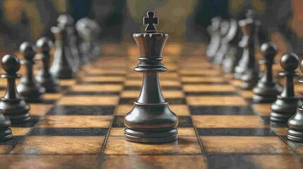 Black king chess piece surrounded by pawns on chessboard