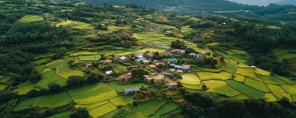 Aerial view of lush green rice terraces surrounding a tranquil village