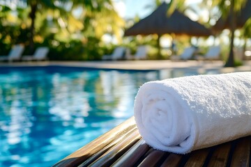 Obraz premium Rolled white towel relaxing near blue swimming pool in a tropical resort