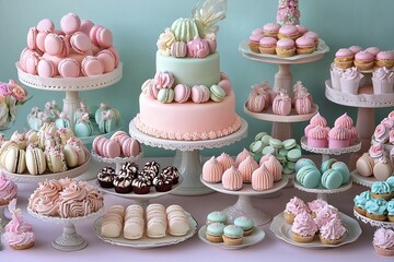 A pastel-themed dessert table featuring intricately crafted cakes, macarons, and pastries, perfect for celebrations.