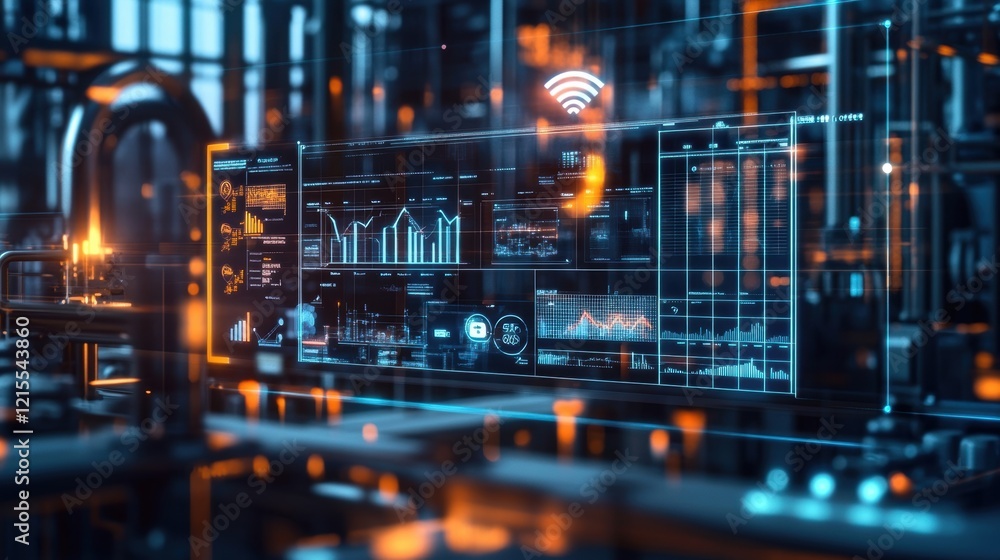 Poster futuristic transparent digital screen showing graphs and statistics with a wifi icon in a factory se