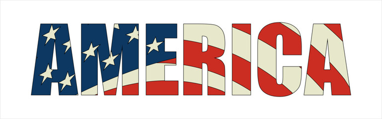 Vector isolated drawing for t-shirt with inscription 
of name of country of america on background 
of national united states flag. Pattern for fabric, 
paper, clothing. USA flag font. Mockup t shirt.
