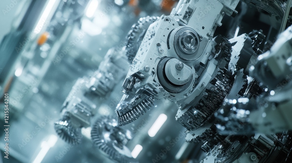 Poster complex robotic arm performing various tasks, revealing intricate gears and mechanisms, highlighting