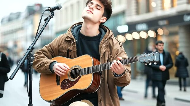 Young Musician Busking with Guitar on City Street