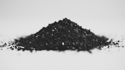 Black powder in a pile, scattered on a white surface, isolated.