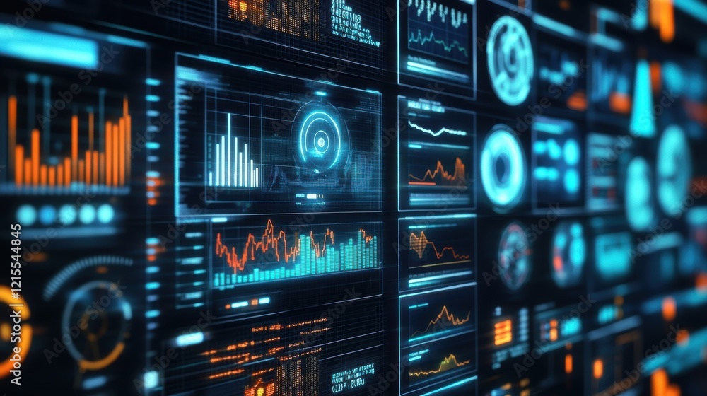 Poster futuristic control panel displaying various data visualizations, charts, graphs, and metrics, provid