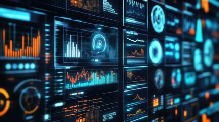 Fototapeta premium Futuristic control panel displaying various data visualizations, charts, graphs, and metrics, providing real time insights and monitoring capabilities in a technological environment