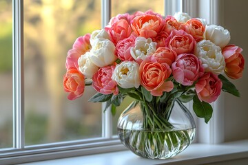 A bouquet of colorful roses and tulips in a glass vase on a windowsill with soft natural light. The scene feels fresh, romantic, and perfect for ads, weddings, or articles about love and nature.
