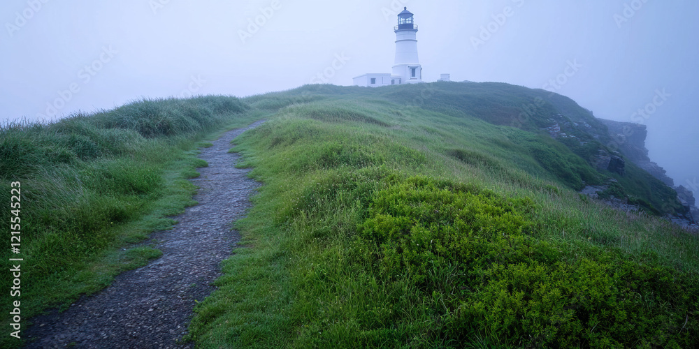 Poster coastal path and lighthouse in fog