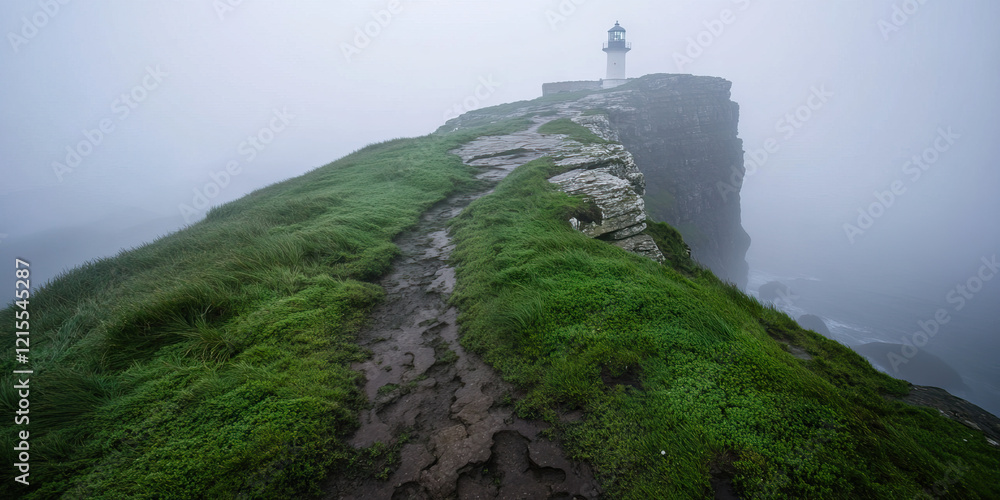 Poster coastal path and lighthouse in fog