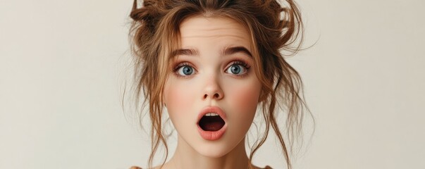 Fototapeta premium Surprised caucasian female teen with blue eyes and messy hair expression