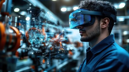 Industrial engineer wearing a vr headset interacts with a futuristic interface, navigating a network of holographic projections and data points in a high tech factory