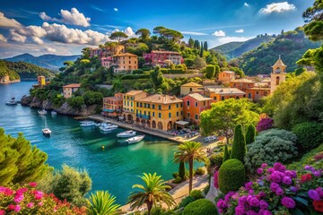 Fototapeta premium Stunning Panoramic View of Portofino Gardens, Italy - Lush Landscape, Mediterranean Coastline