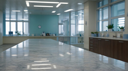 Obraz premium a modern and clean laboratory with a long marble counter and a light blue wall. The windows offer a view of a lush green landscape beyond