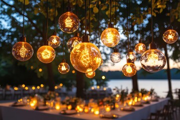 Festive gathering under colorful twinkling bulbs outdoor evening setting table decor warm ambiance eye level view for memorable celebrations