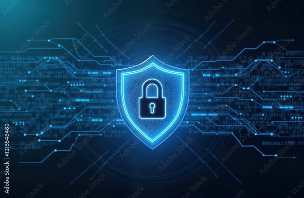 Poster digital shield with lock graphic shows tech security. binary code background with glowing blue lines