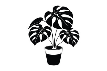 Monstera deliciosa plant in pot silhouette vector, potted plant vector silhouette vector Nature and Interior