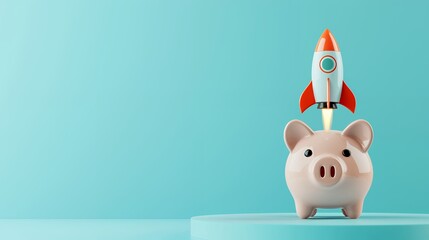 Piggy Bank with Rocket Launching, Savings Investment Growth Concept