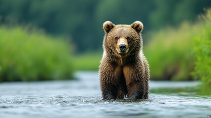 Fototapeta premium River Brown Bear, Forest Background, Wildlife, Nature