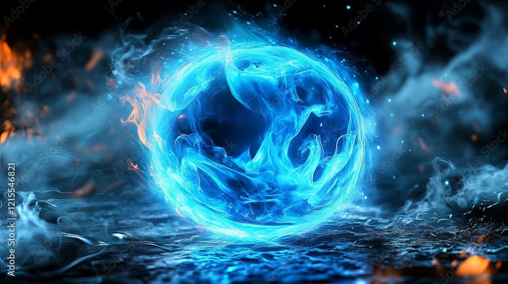 Poster illuminating blue sphere surrounded by swirling flames and smoke in a dynamic display of elemental f