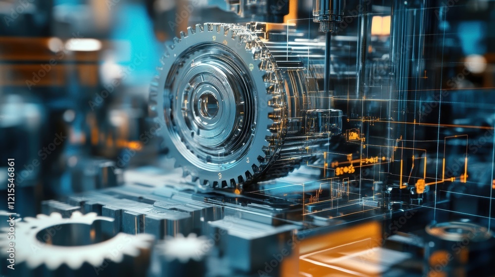 Poster complex metallic gears rotating inside an industrial machine with a futuristic augmented reality sof