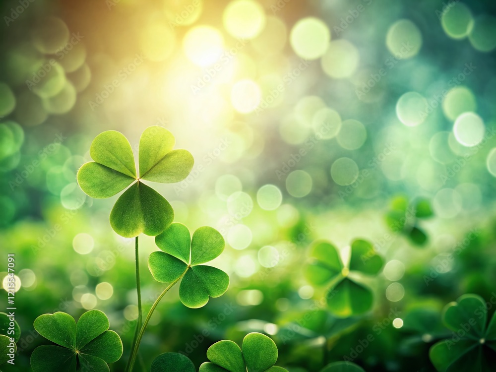Poster Subtle Green Shamrock Pattern Background with Blank Text Space - Bokeh Effect Stock Photo