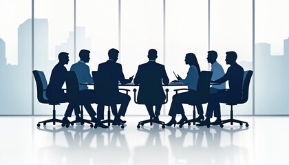 Fototapeta premium Business professionals in suits sit around conference table. Modern office setting with urban background. Teamwork, collaboration concept. Discussion strategy session. Corporate meeting. Focus on