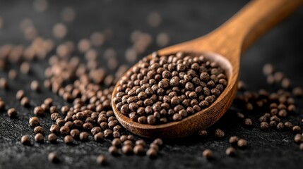 Roasted barley grains in wooden spoon, dark background, food photography