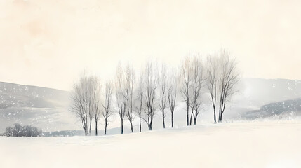 Snowy winter landscape with frosted trees against a pale sky, conveying a sense of peace and tranquility. Frosted Meadow. Illustration