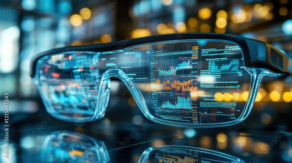 Poster futuristic smart glasses are displaying data, charts, and information in augmented reality, seamless