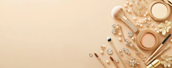 Fototapeta premium Elegant gold makeup and jewelry arrangement on beige background