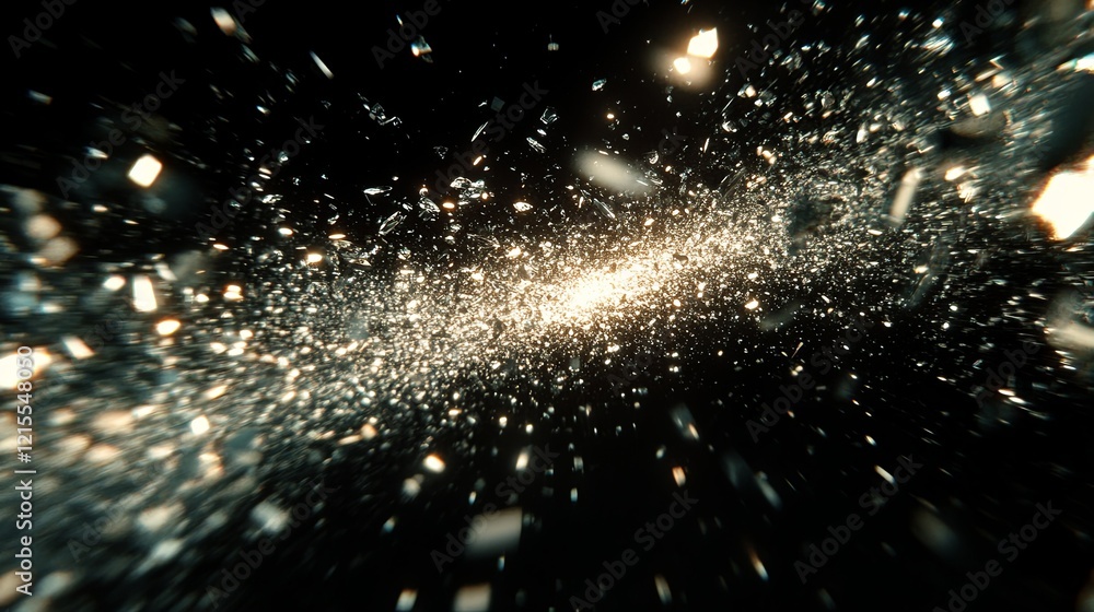  exploding particles create a stunning display of light and movement in a dark cosmic environment. ge