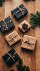 Fototapeta premium Unique christmas gift ideas wooden table photography soft natural light overhead view unconventional presents