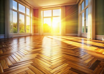 Fototapeta premium Sunbeams on Herringbone Wood Floor - Bright Room Interior Stock Photo