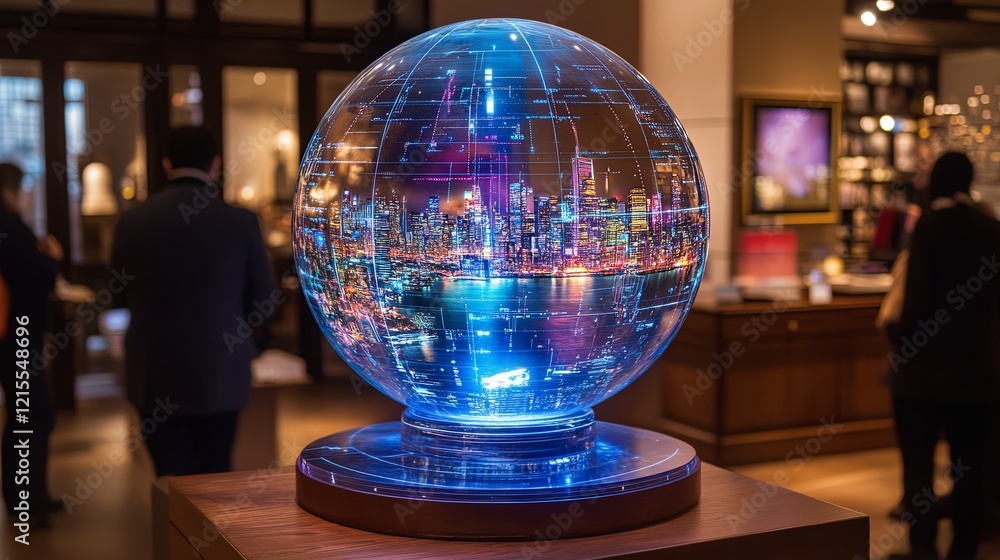 Poster modern art installation of a glowing globe showcasing a digital cityscape in an upscale gallery sett