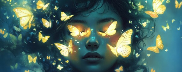 Dreamlike scene of asian young female surrounded by glowing butterflies
