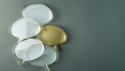 Fototapeta premium 투명한 말풍선 모양 아이콘들이 겹겹이 쌓여 있는 가운데, 한 개만 황금빛으로 강조된 장면