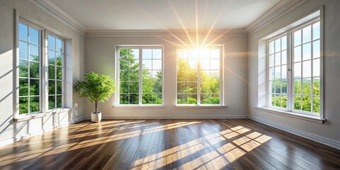 Fototapeta premium Sunlit Empty Room: Minimalist Interior with Large Window and Bright Wall