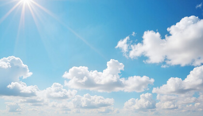 Dreamy blue sky with cumulus clouds and sunlight, serene beauty, Sunny Sky with Clouds, Mild Weather
