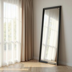 Fototapeta premium Full-length mirror reflecting sunlight through sheer curtains in a bright room. Ideal for interior design or fashion displays.