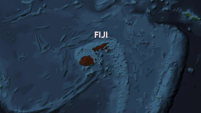 Zoom from Earth to Fiji. World map animation with country borders, Images from NASA