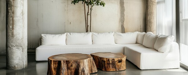Modern minimalist living room with white sofa and wooden coffee tables