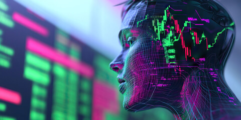 Wireframe Head with Stock Market Data Overlay
