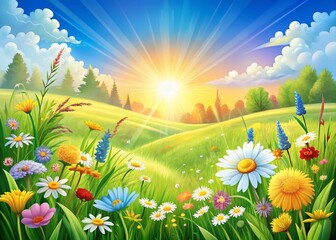 Fototapeta premium Sunny Meadow Landscape: Vibrant Spring Flowers & Green Grass Stock Photo