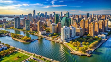 Fototapeta premium Sunny Long Island City Aerial: High-Rise Waterfront & East River Panorama