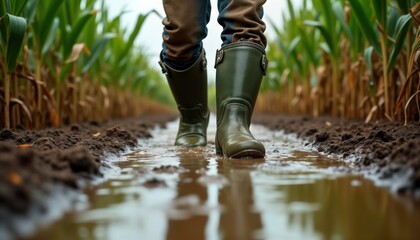 Farmer walks through muddy cornfield after flood. Damaged crops show impact of heavy rain. Agriculture suffers. Rural landscape. Muddy soil. Low angle view. Olive green boots. Water pools. Corn