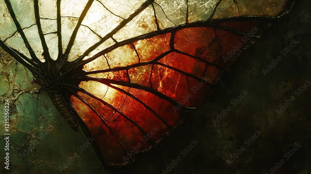 Poster butterfly wing illuminated by soft light, showcasing its intricate patterns and vibrant colors in a 