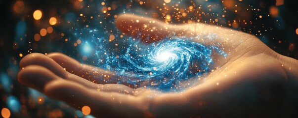 Fototapeta premium Cosmic spiral in human hand: mystical fusion of universe and humanity