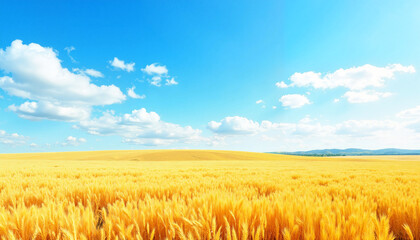 Naklejka premium Golden wheat field under bright blue sky with scattered clouds, tranquility, Sunny Sky with Clouds, Mild Weather