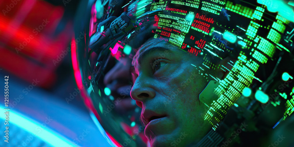 Poster close-up of man in helmet displaying digital code